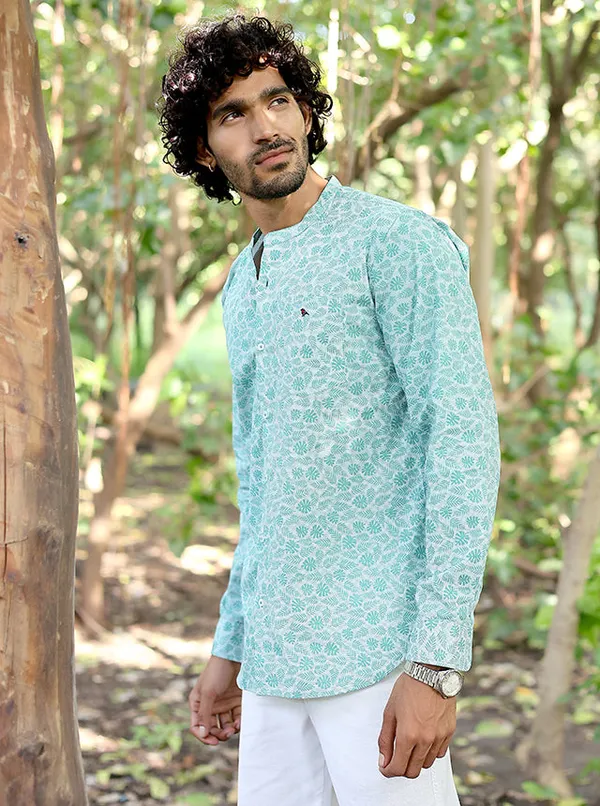 Mens_Premium_100_Cotton_Mint_Botanical_Print_Mandarin_Collar_Shirt_Mint_Pinstripe