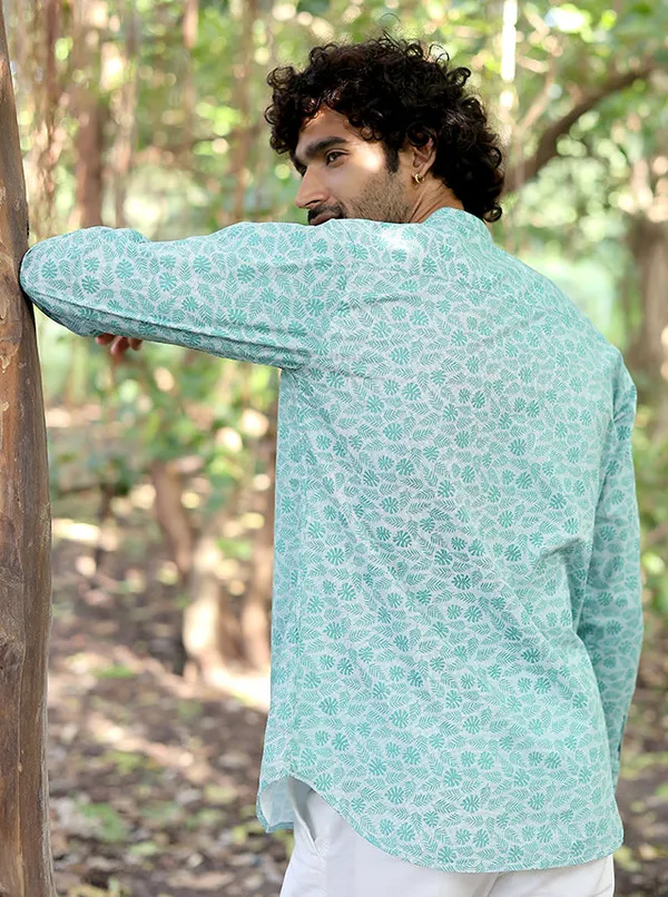 Mens_Premium_100_Cotton_Mint_Botanical_Print_Mandarin_Collar_Shirt_Mint_Pinstripe
