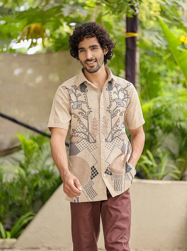 Earthy_Hand_Illustrated_Floral_Cotton_Slub_Shirt_Breathable_Half_Sleeve_Casual_Wear_Earth_Tone