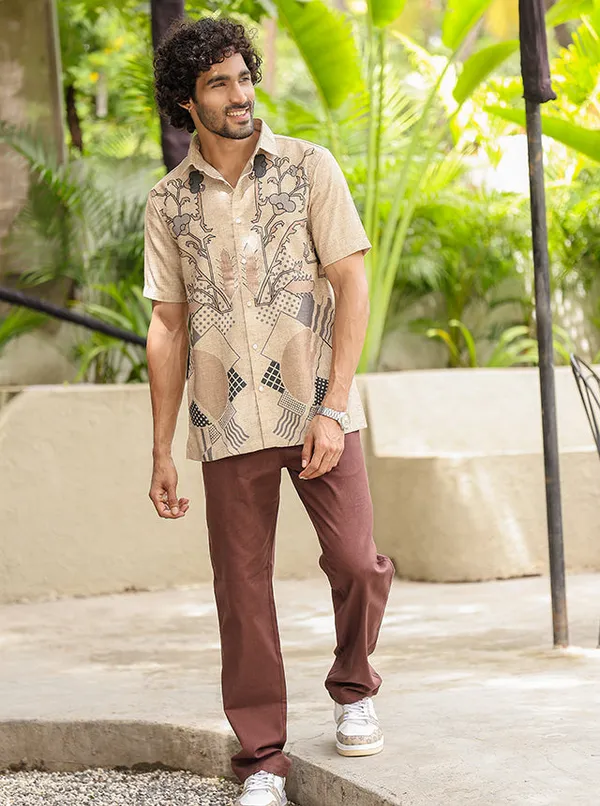 Earthy_Hand_Illustrated_Floral_Cotton_Slub_Shirt_Breathable_Half_Sleeve_Casual_Wear_Earth_Tone