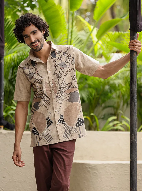 Earthy_Hand_Illustrated_Floral_Cotton_Slub_Shirt_Breathable_Half_Sleeve_Casual_Wear_Earth_Tone