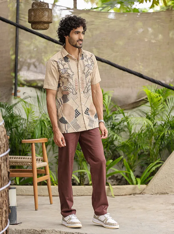 Earthy_Hand_Illustrated_Floral_Cotton_Slub_Shirt_Breathable_Half_Sleeve_Casual_Wear_Earth_Tone
