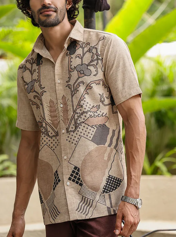 Earthy_Hand_Illustrated_Floral_Cotton_Slub_Shirt_Breathable_Half_Sleeve_Casual_Wear_Earth_Tone