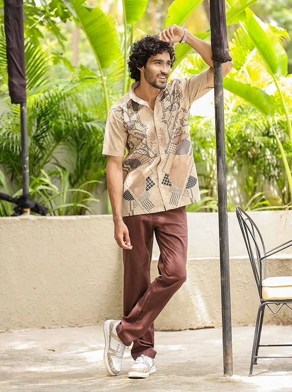 Earthy_Hand_Illustrated_Floral_Cotton_Slub_Shirt_Breathable_Half_Sleeve_Casual_Wear_Earth_Tone
