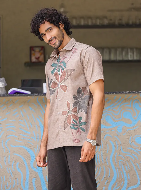 Artisanal_Rose_Floral_Cotton_Slub_Shirt_Hand_Illustrated_Botanical_Print_Dusty_Rose