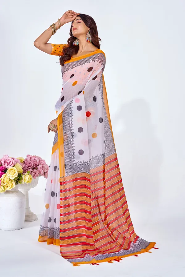 Multicolor_Linen_Printed_Saree_With_Embroidered_Blouse_For_Women