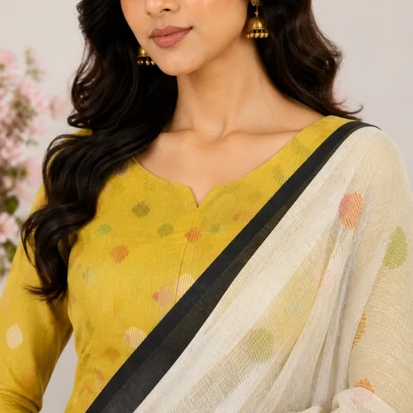White_And_Yellow_Linen_Printed_Paisley_Border_Saree_With_Blouse_For_Women