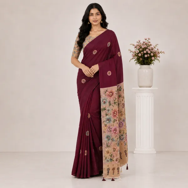 Maroon_Chiffon_Floral_Print_Saree_With_Blouse_For_Women