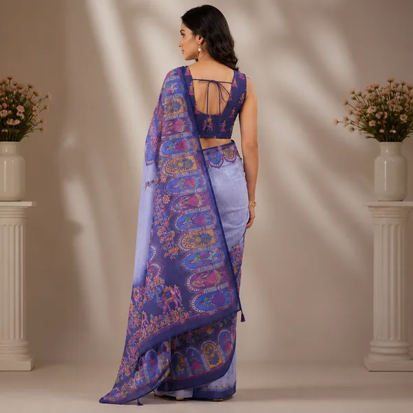 Purple_Floral_Print_Linen_Saree_With_Blouse_For_Women