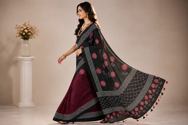 Black_Linen_Polka_Dot_Saree_With_Orange_Blouse_For_Women