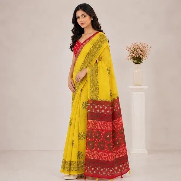 Yellow_And_Red_Linen_Floral_Print_Saree_With_Embroidered_Blouse_For_Women