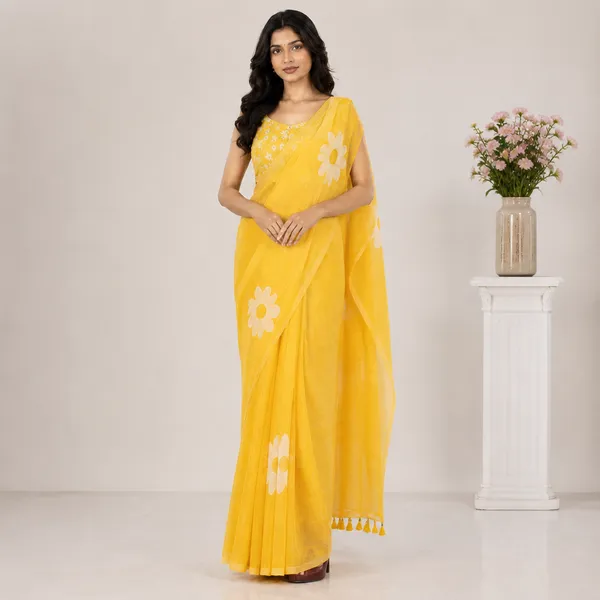 Yellow_Linen_Floral_Embroidered_Saree_With_Blouse_For_Women