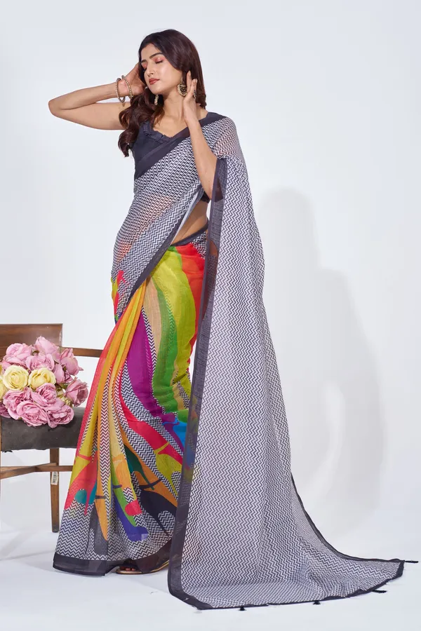 Multicolor_Linen_Floral_Embroidered_Saree_With_Blouse_For_Women