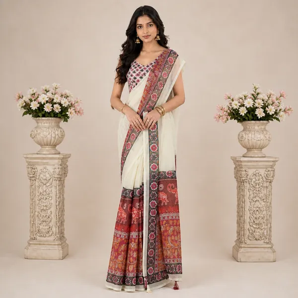 White_And_Red_Linen_Printed_Saree_With_Embroidered_Blouse_For_Women