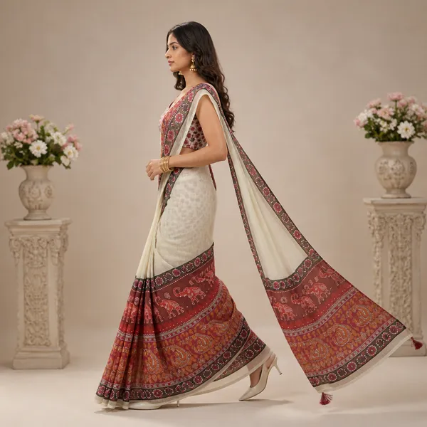 White_And_Red_Linen_Printed_Saree_With_Embroidered_Blouse_For_Women