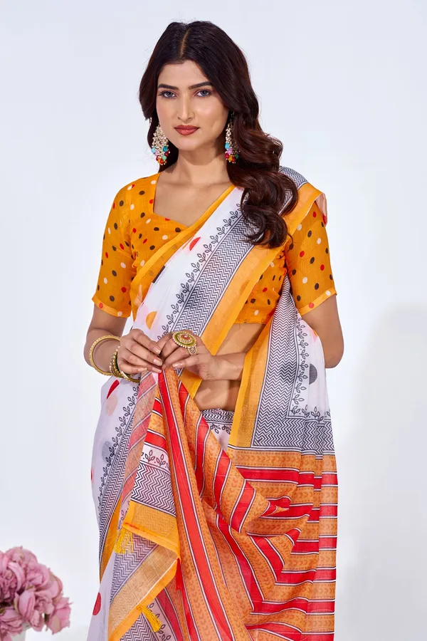 Multicolor_Linen_Printed_Saree_With_Embroidered_Blouse_For_Women
