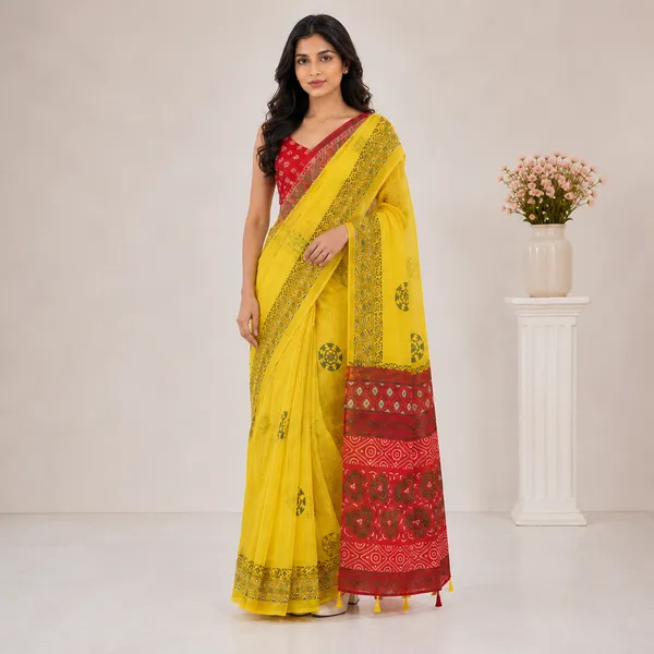 Yellow_And_Red_Linen_Floral_Print_Saree_With_Embroidered_Blouse_For_Women