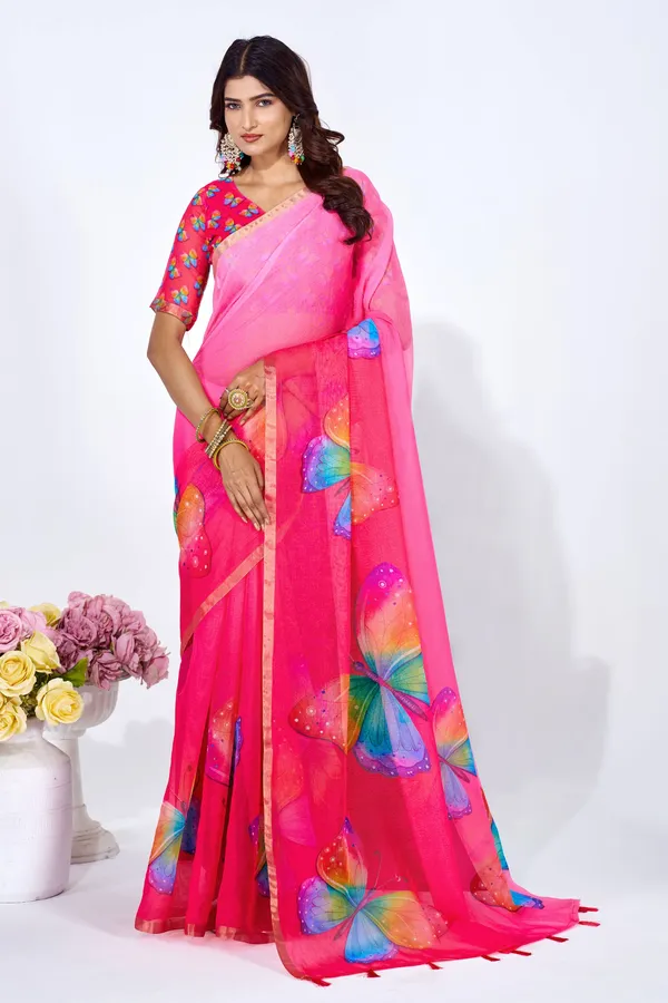 Pink_And_Red_Linen_Paisley_Print_Saree_With_Embroidered_Blouse_For_Women