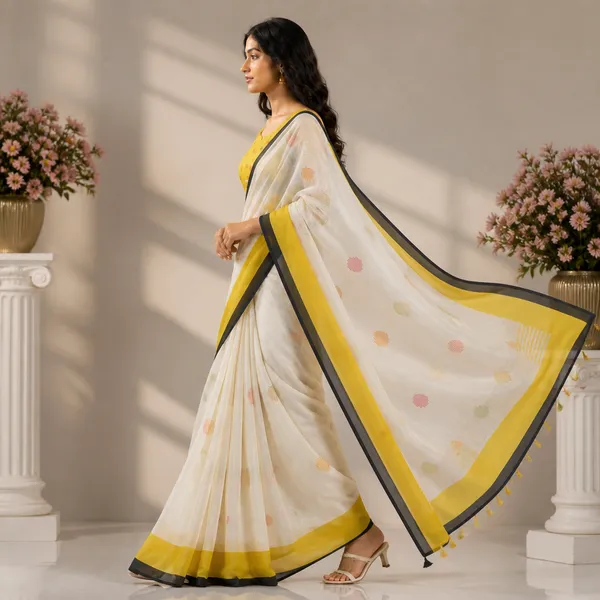 White_And_Yellow_Linen_Printed_Paisley_Border_Saree_With_Blouse_For_Women