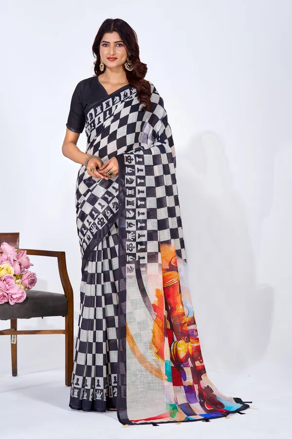 Black_And_White_Linen_Checkered_Digital_Print_Saree_For_Women