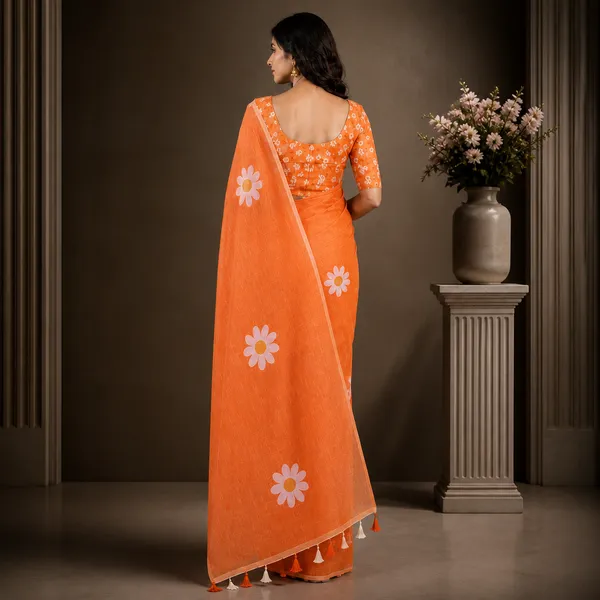 Orange_Linen_Floral_Printed_Saree_For_Women