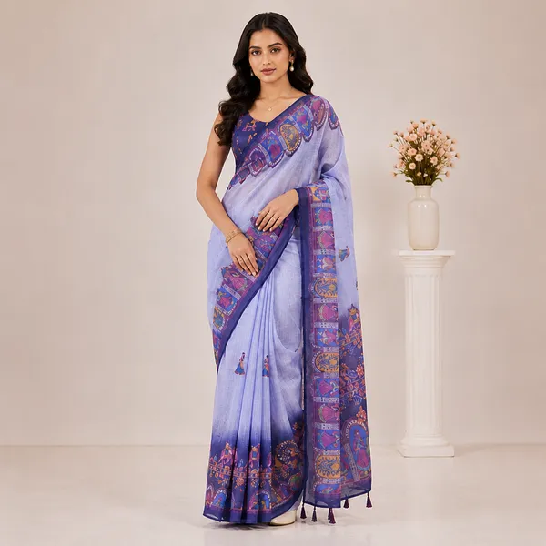 Purple_Floral_Print_Linen_Saree_With_Blouse_For_Women