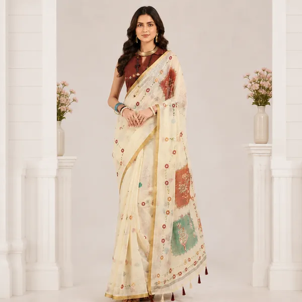 White_Linen_Floral_Printed_Saree_With_Blouse_For_Women