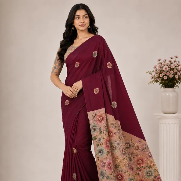 Maroon_Chiffon_Floral_Print_Saree_With_Blouse_For_Women