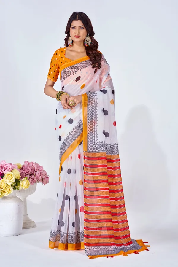 Multicolor_Linen_Printed_Saree_With_Embroidered_Blouse_For_Women