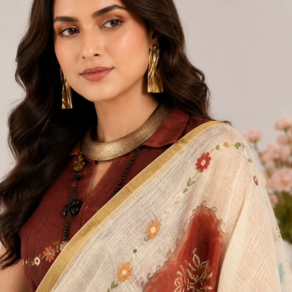 White_Linen_Floral_Printed_Saree_With_Blouse_For_Women