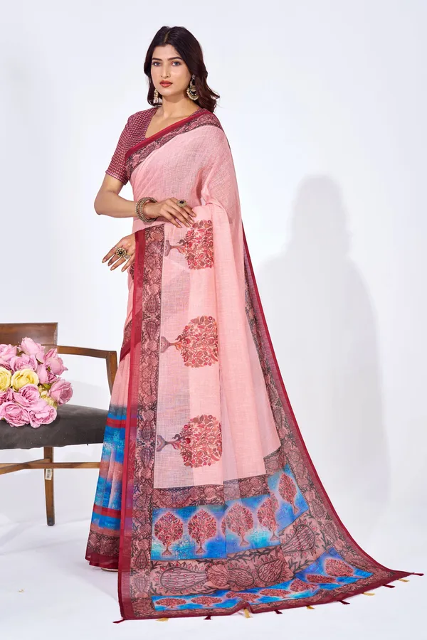 Pink_Linen_Butterfly_Print_Saree_With_Blouse_For_Women