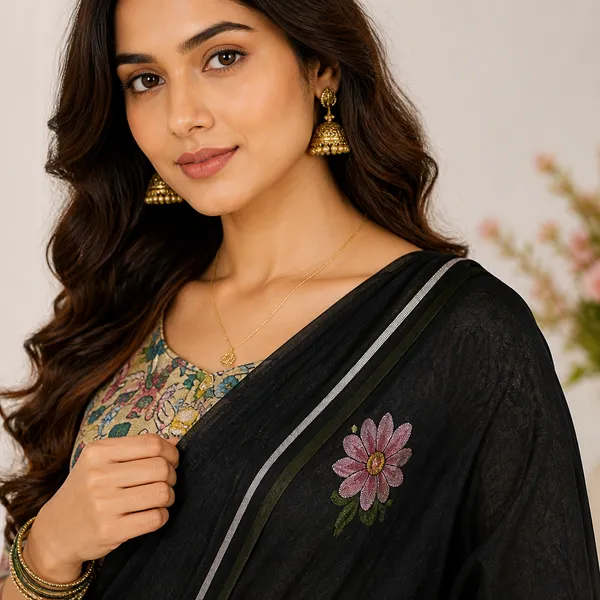 Black_Linen_Floral_Print_Saree_With_Striped_Border_For_Women