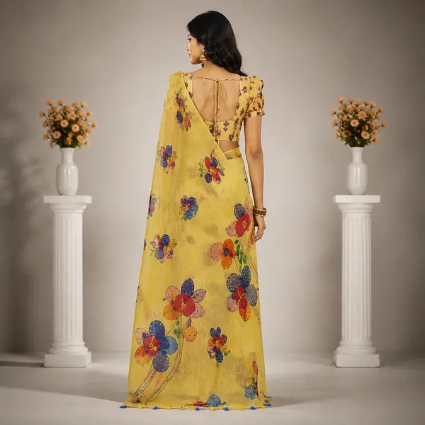 Yellow_Linen_Floral_Print_Saree_With_Matching_Blouse_For_Women