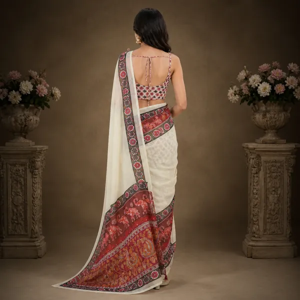 White_And_Red_Linen_Printed_Saree_With_Embroidered_Blouse_For_Women