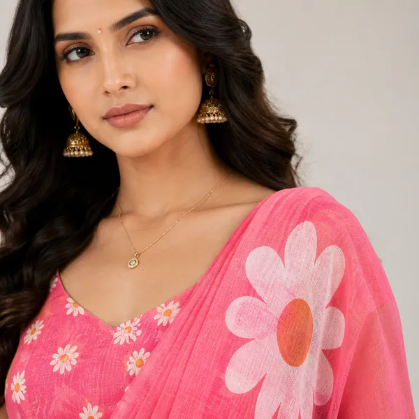 Pink_Cotton_Bandhani_Print_Linen_Saree_For_Women