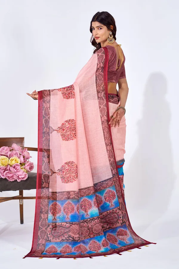 Pink_Linen_Butterfly_Print_Saree_With_Blouse_For_Women