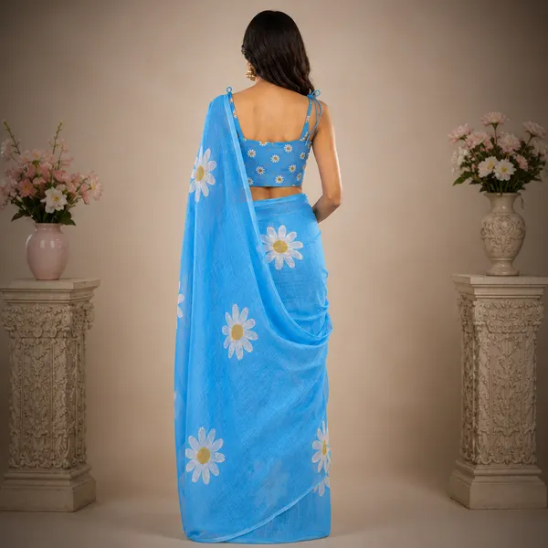 Blue_Linen_Floral_Linen_Saree_With_Printed_Blouse_For_Women