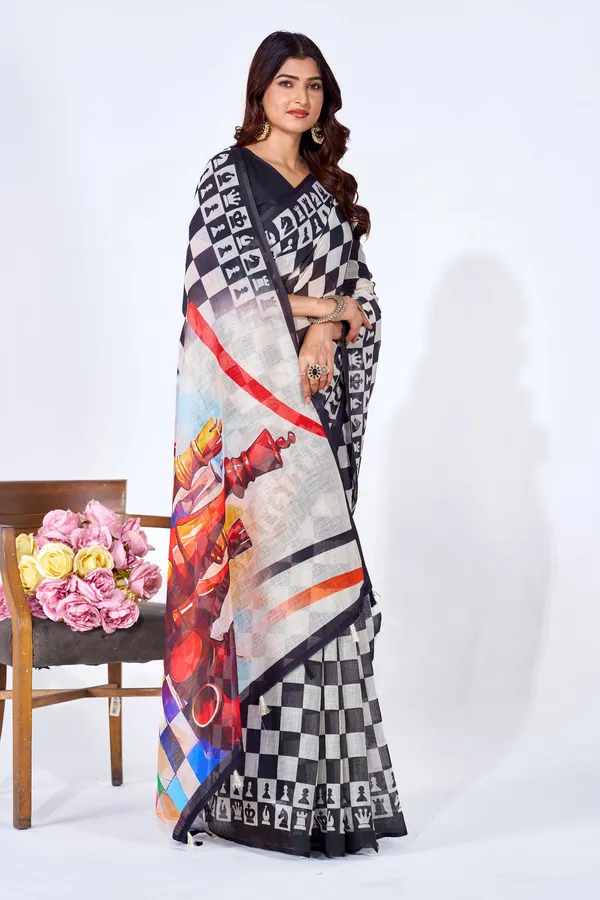 Black_And_White_Linen_Checkered_Digital_Print_Saree_For_Women