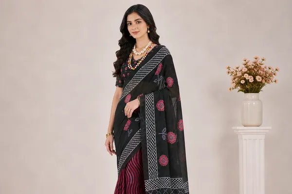 Black_Linen_Polka_Dot_Saree_With_Orange_Blouse_For_Women