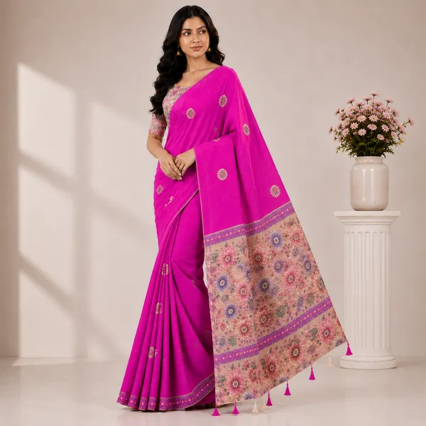 Pink_Linen_Floral_Print_Saree_For_Women