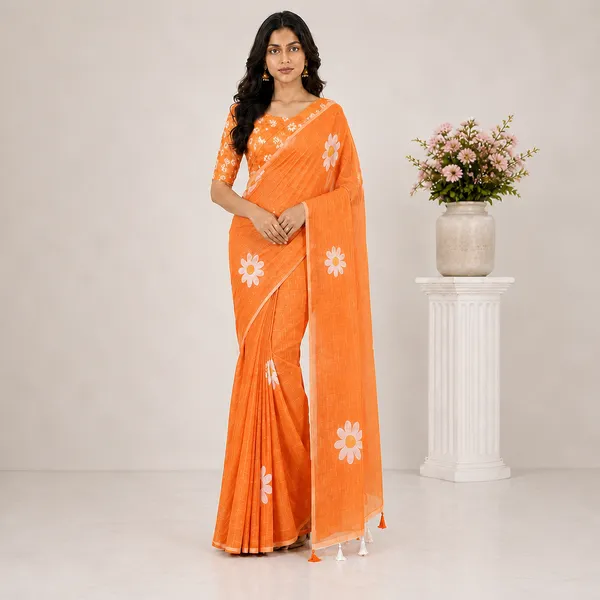Orange_Linen_Floral_Printed_Saree_For_Women
