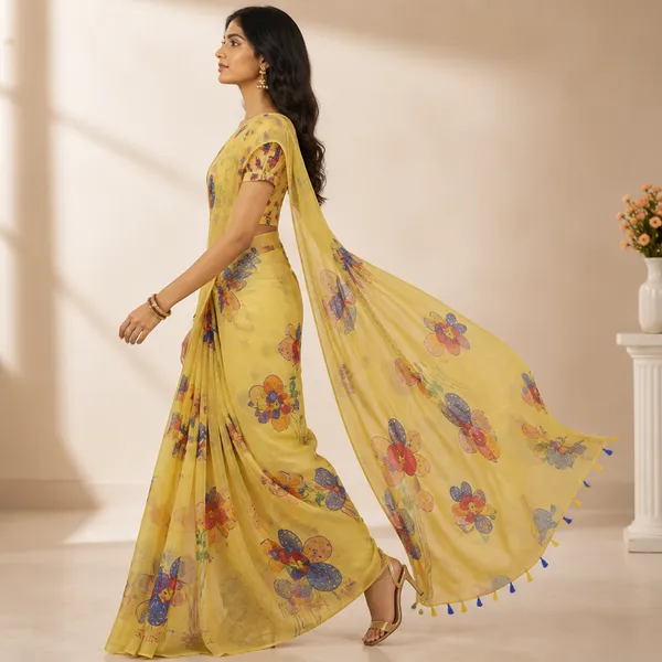 Yellow_Linen_Floral_Print_Saree_With_Matching_Blouse_For_Women