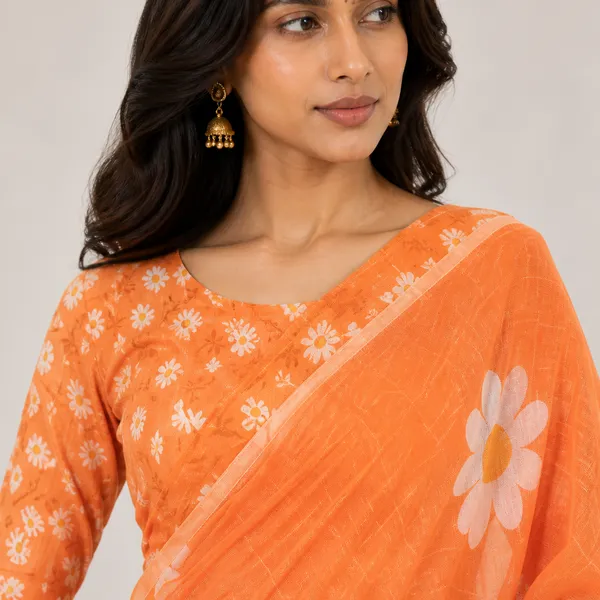Orange_Linen_Floral_Printed_Saree_For_Women