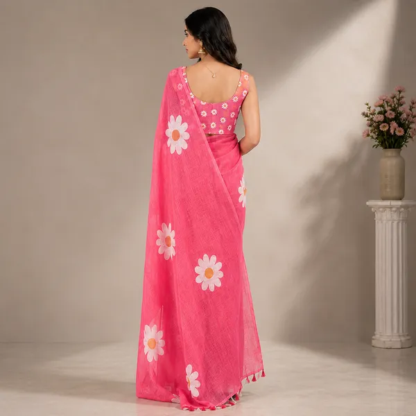 Pink_Cotton_Bandhani_Print_Linen_Saree_For_Women