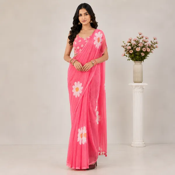 Pink_Cotton_Bandhani_Print_Linen_Saree_For_Women