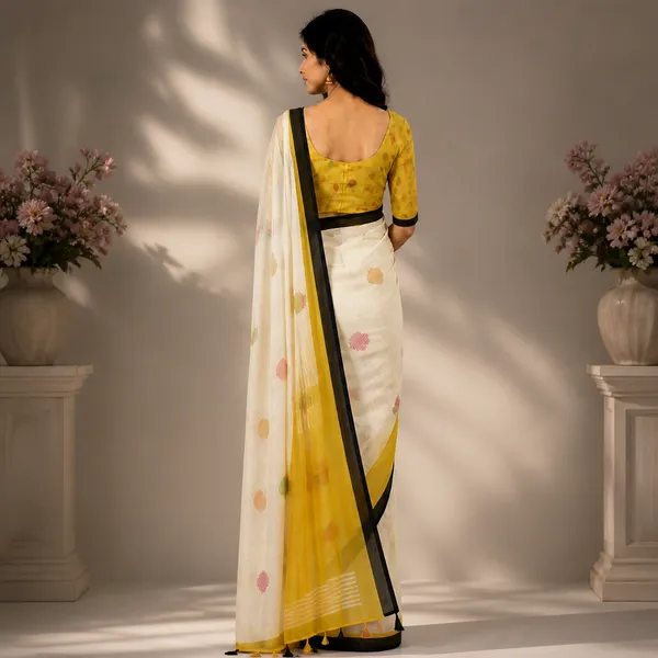 White_And_Yellow_Linen_Printed_Paisley_Border_Saree_With_Blouse_For_Women