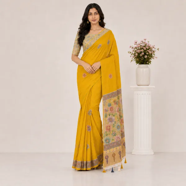 Mustard_Organza_Floral_Embroidered_Saree_With_Blouse_For_Women