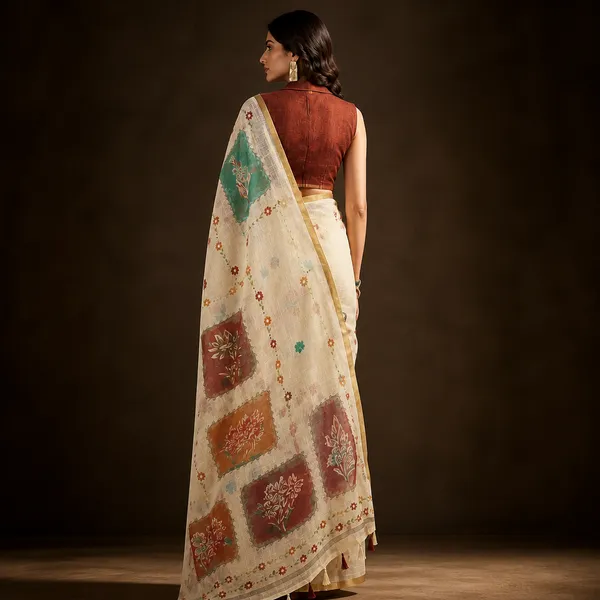 White_Linen_Floral_Printed_Saree_With_Blouse_For_Women
