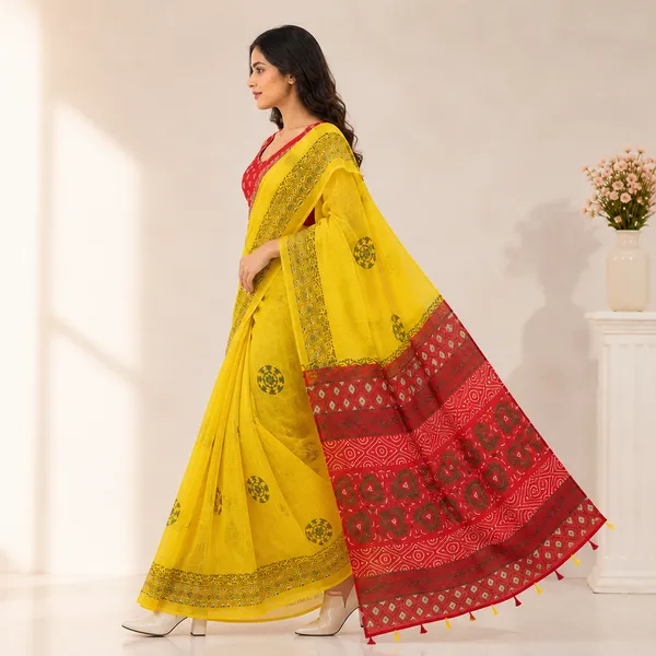 Yellow_And_Red_Linen_Floral_Print_Saree_With_Embroidered_Blouse_For_Women