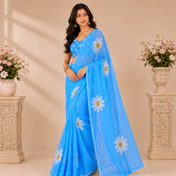Blue_Linen_Floral_Linen_Saree_With_Printed_Blouse_For_Women